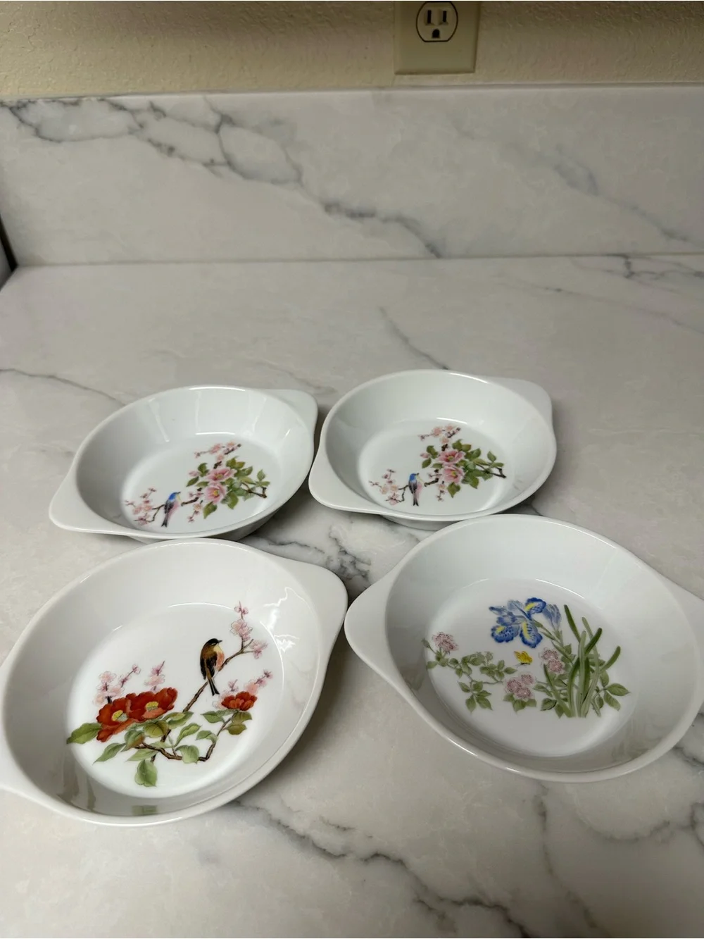 vintage botanical bird ramekins / individual casserole dishes.